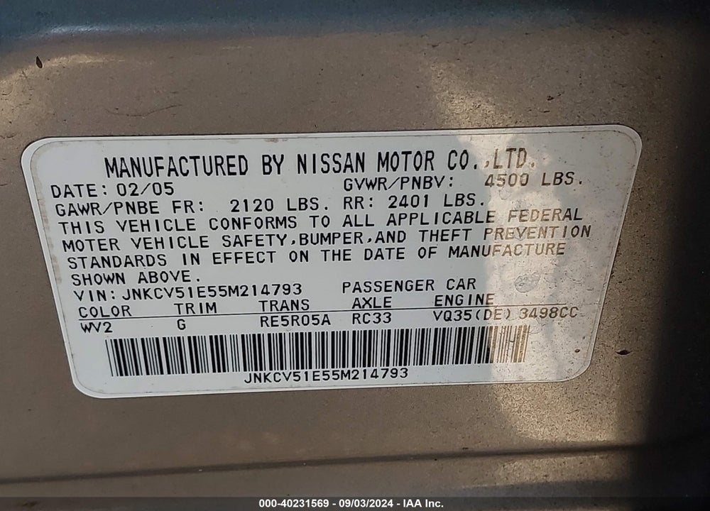2005 INFINITI G35 VIN: JNKCV51E55M214793