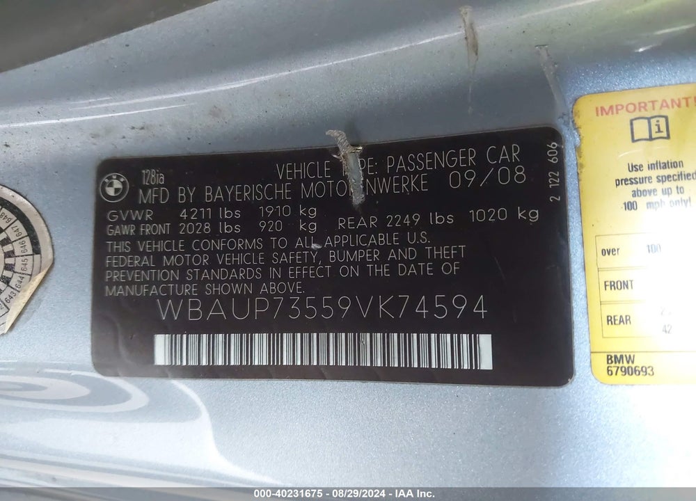 2009 BMW 128I VIN: WBAUP73559VK74594