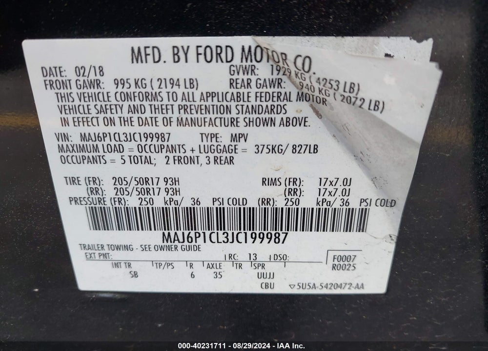 2018 FORD ECOSPORT SES VIN: MAJ6P1CL3JC199987