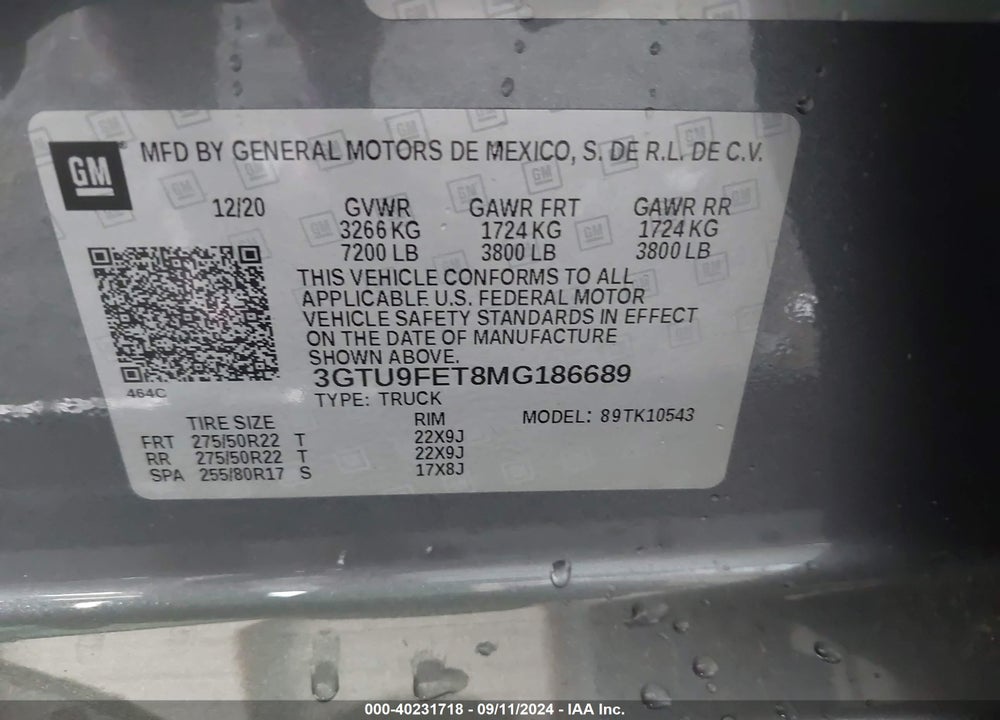 2021 GMC SIERRA 1500 VIN: 3GTU9FET8MG186689