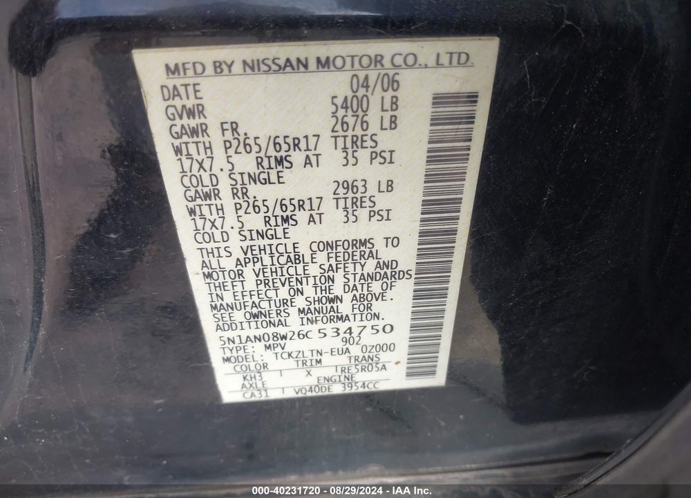 2006 NISSAN XTERRA SE VIN: 5N1AN08W26C534750