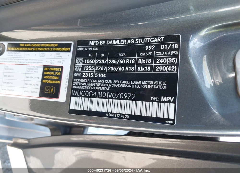 2018 MERCEDES-BENZ GLC 300 VIN: WDC0G4JB0JV070972