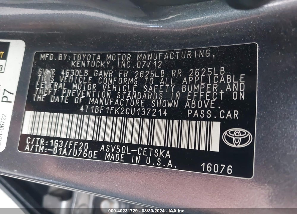 2012 TOYOTA CAMRY VIN: 4T1BF1FK2CU137214
