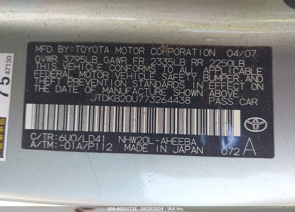 2007 TOYOTA PRIUS VIN: JTDKB20U773264438