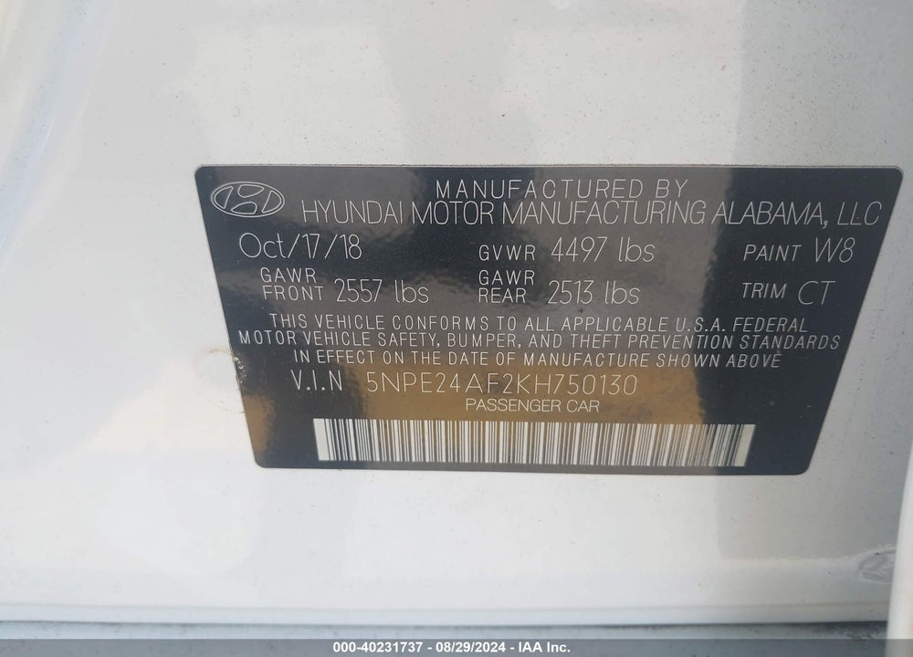 2019 HYUNDAI SONATA SE VIN: 5NPE24AF2KH750130