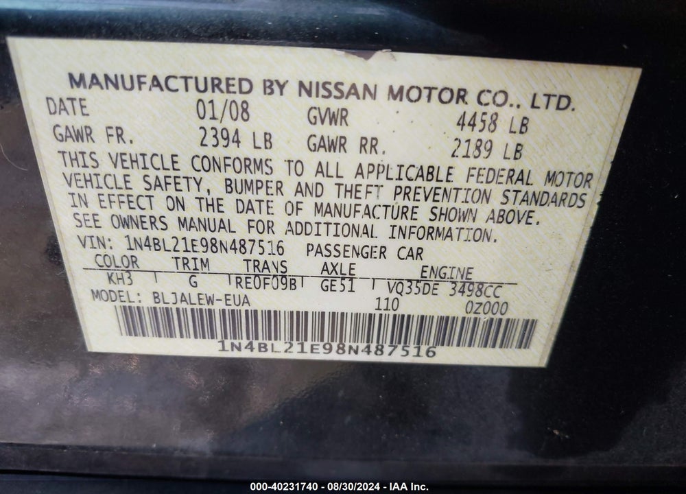2008 NISSAN ALTIMA 3.5 SL VIN: 1N4BL21E98N487516