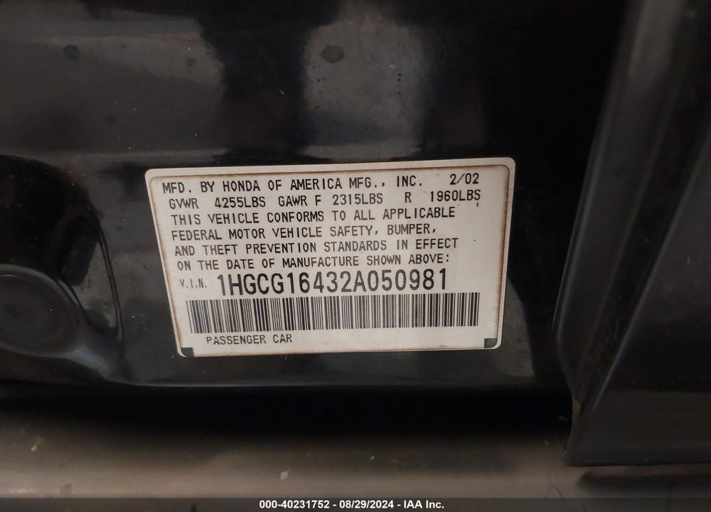 2002 HONDA ACCORD VIN: 1HGCG16432A050981