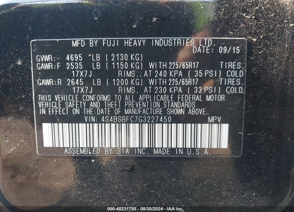 2016 SUBARU OUTBACK 2.5I PREMIUM VIN: 4S4BSBFC7G3227450