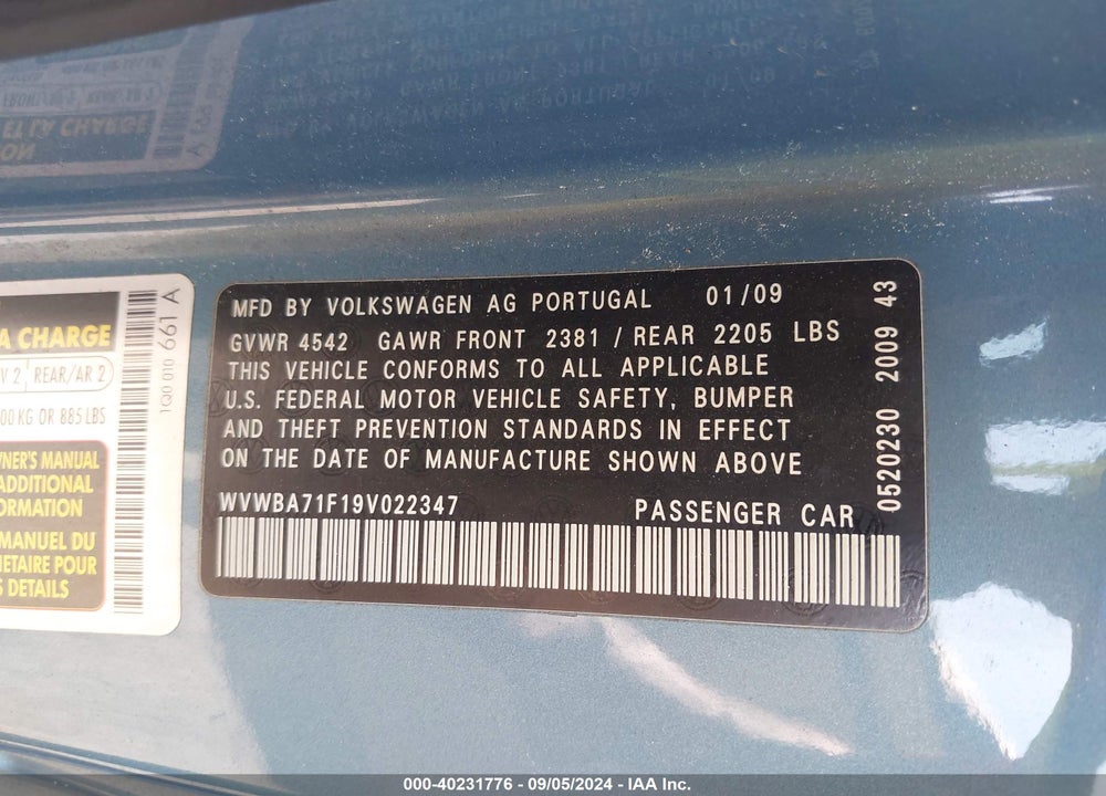 2009 VOLKSWAGEN EOS KOMFORT VIN: WVWBA71F19V022347