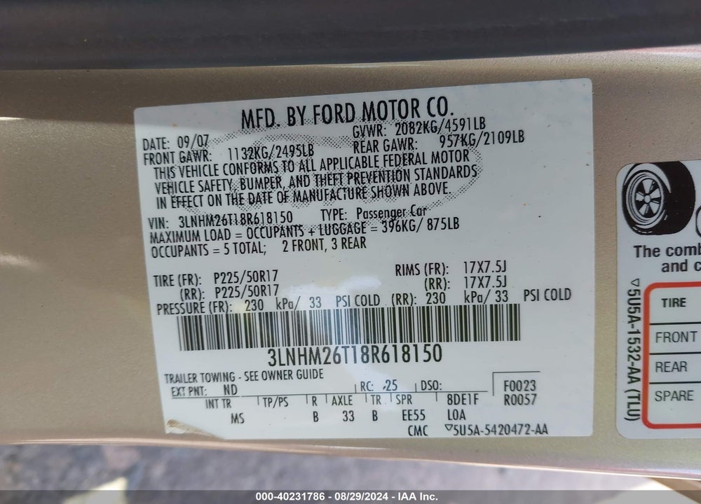 2008 LINCOLN MKZ VIN: 3LNHM26T18R618150