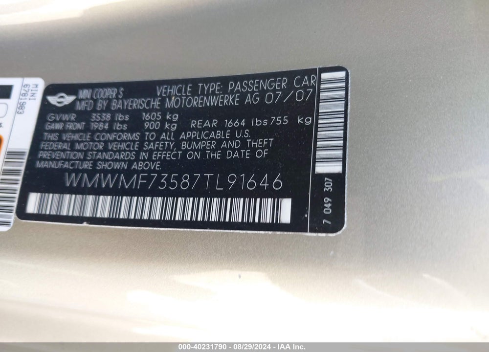 2007 MINI COOPER S VIN: WMWMF73587TL91646