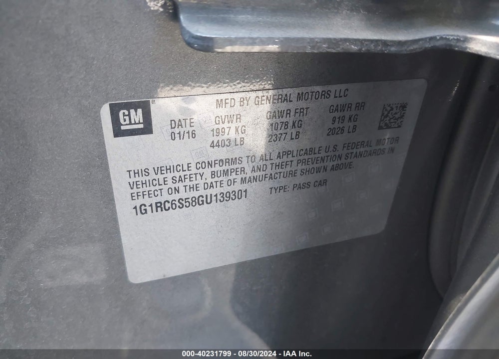 2016 CHEVROLET VOLT LT VIN: 1G1RC6S58GU139301
