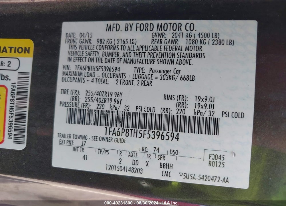 2015 FORD MUSTANG ECOBOOST VIN: 1FA6P8TH5F5396594