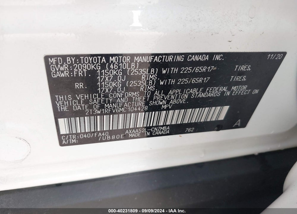 2021 TOYOTA RAV4 XLE VIN: 2T3W1RFV6MC104428