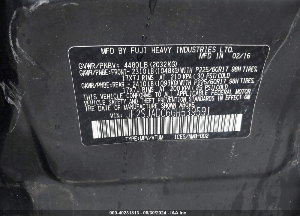 2016 SUBARU FORESTER 2.5I PREMIUM VIN: JF2SJADC6GH539591
