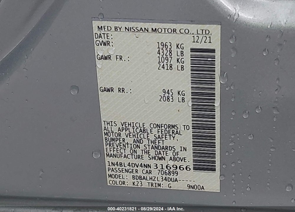 2022 NISSAN ALTIMA VIN: 1N4BL4DV4NN316966