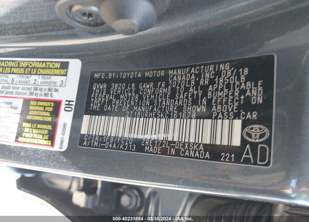 2019 TOYOTA COROLLA SE VIN: 2T1BURHE5KC161678