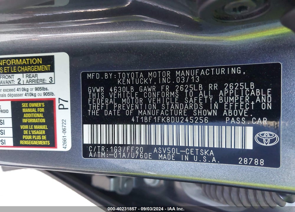 2013 TOYOTA CAMRY SE VIN: 4T1BF1FK8DU245256