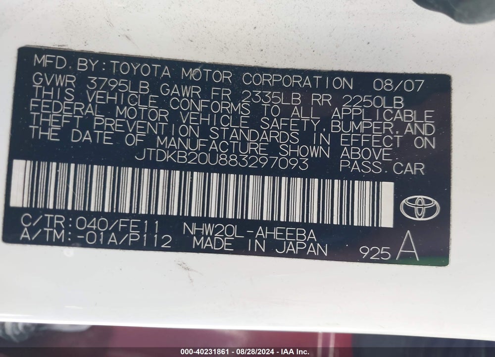 2008 TOYOTA PRIUS VIN: JTDKB20U883297093