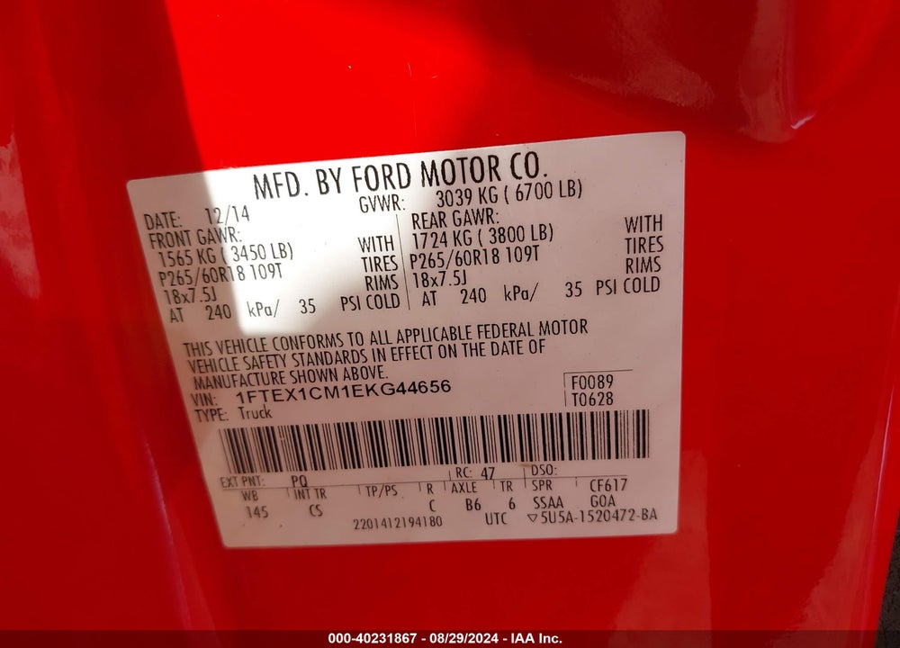 2014 FORD F-150 STX VIN: 1FTEX1CM1EKG44656