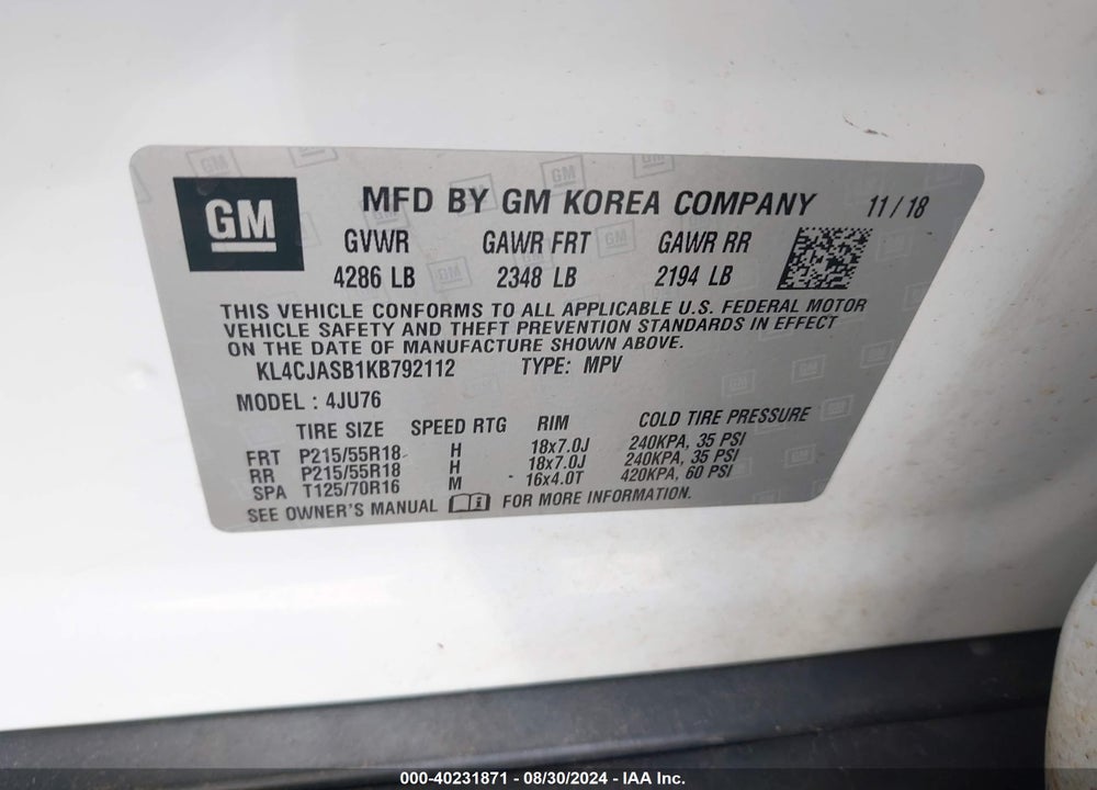2019 BUICK ENCORE FWD PREFERRED VIN: KL4CJASB1KB792112