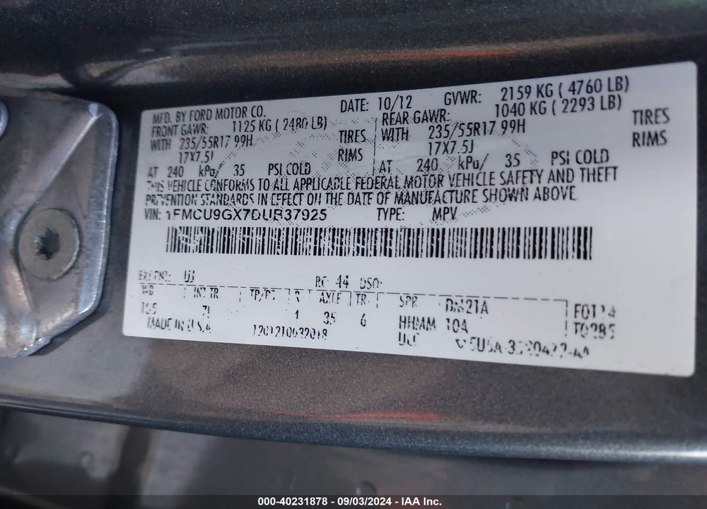 2013 FORD ESCAPE SE VIN: 1FMCU9GX7DUB37925