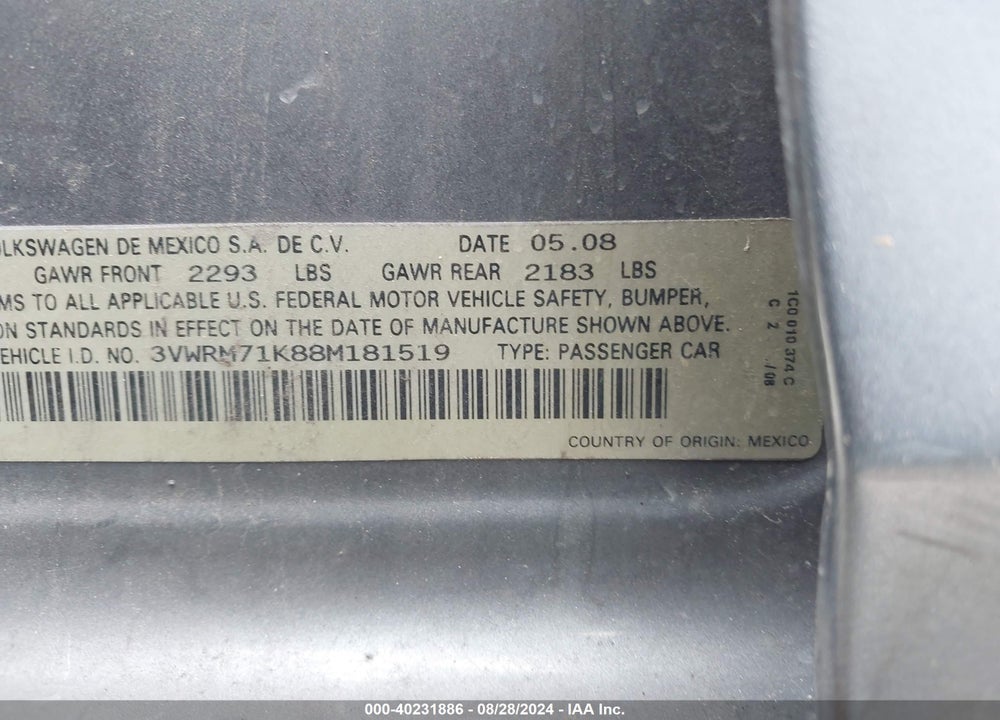 2008 VOLKSWAGEN JETTA SE/SEL VIN: 3VWRM71K88M181519