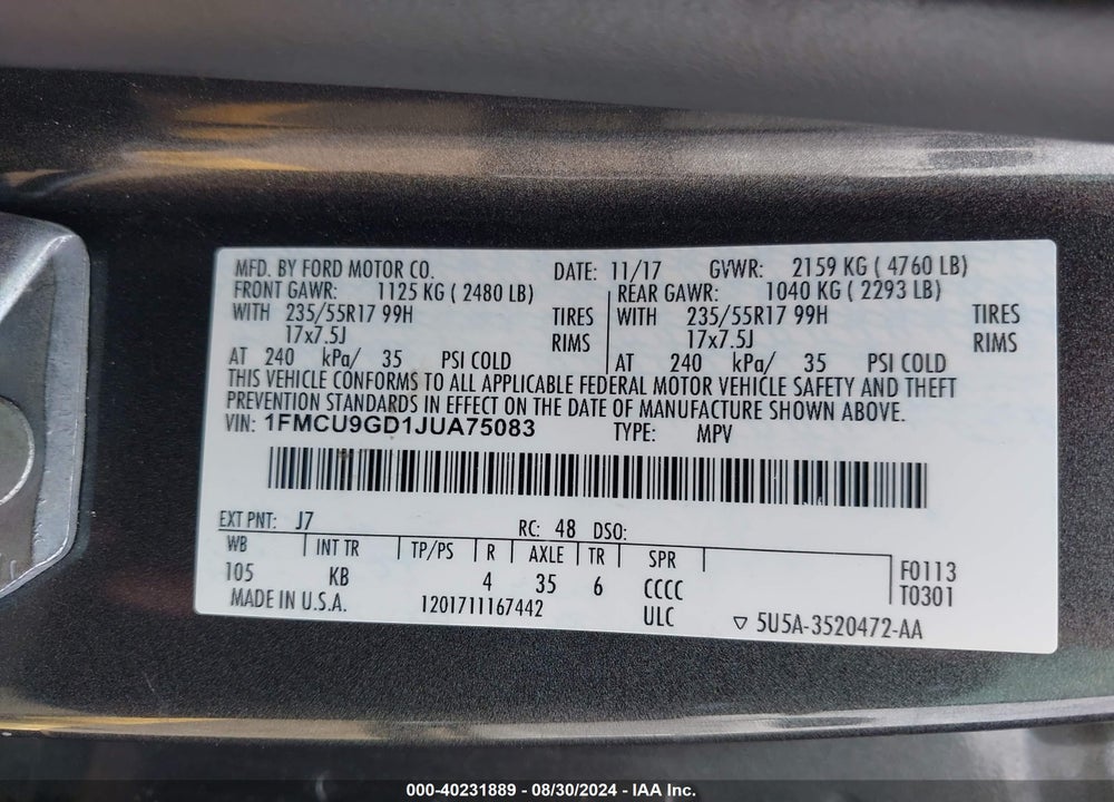 2018 FORD ESCAPE SE VIN: 1FMCU9GD1JUA75083