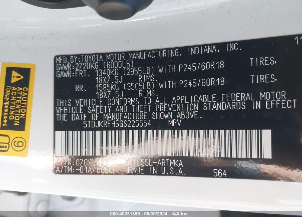 2016 TOYOTA HIGHLANDER XLE V6 VIN: 5TDJKRFH5GS225554