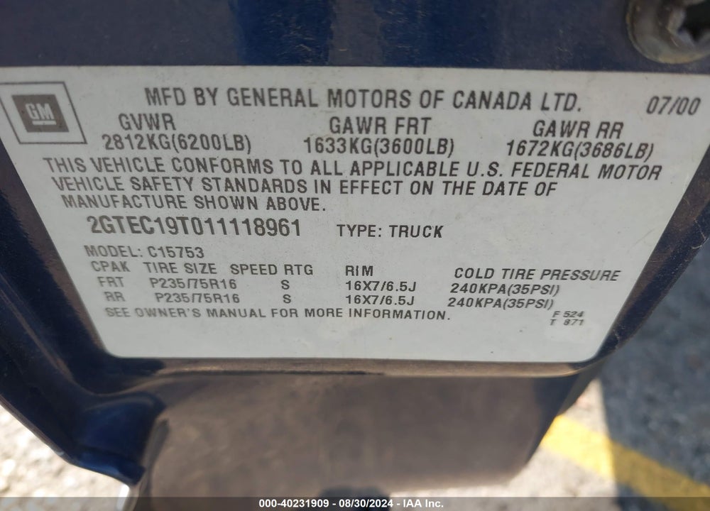 2001 GMC SIERRA 1500 SLE VIN: 2GTEC19T011118961