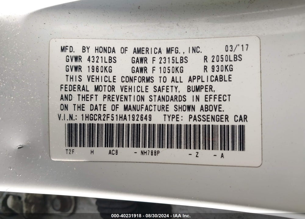 2017 HONDA ACCORD SPORT VIN: 1HGCR2F51HA192649