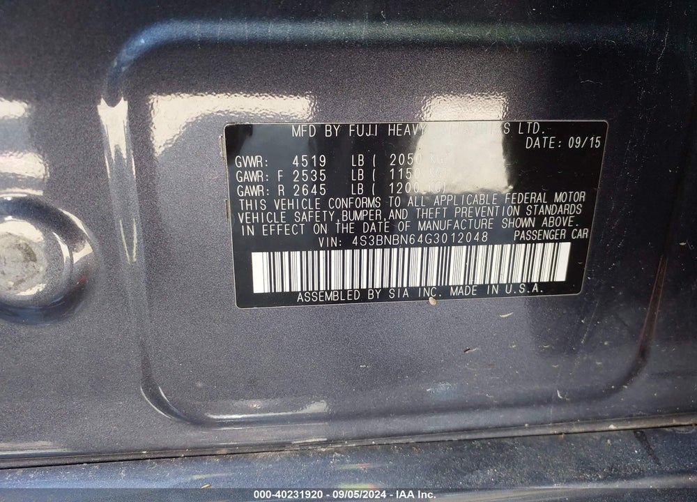 2016 SUBARU LEGACY 2.5I LIMITED VIN: 4S3BNBN64G3012048