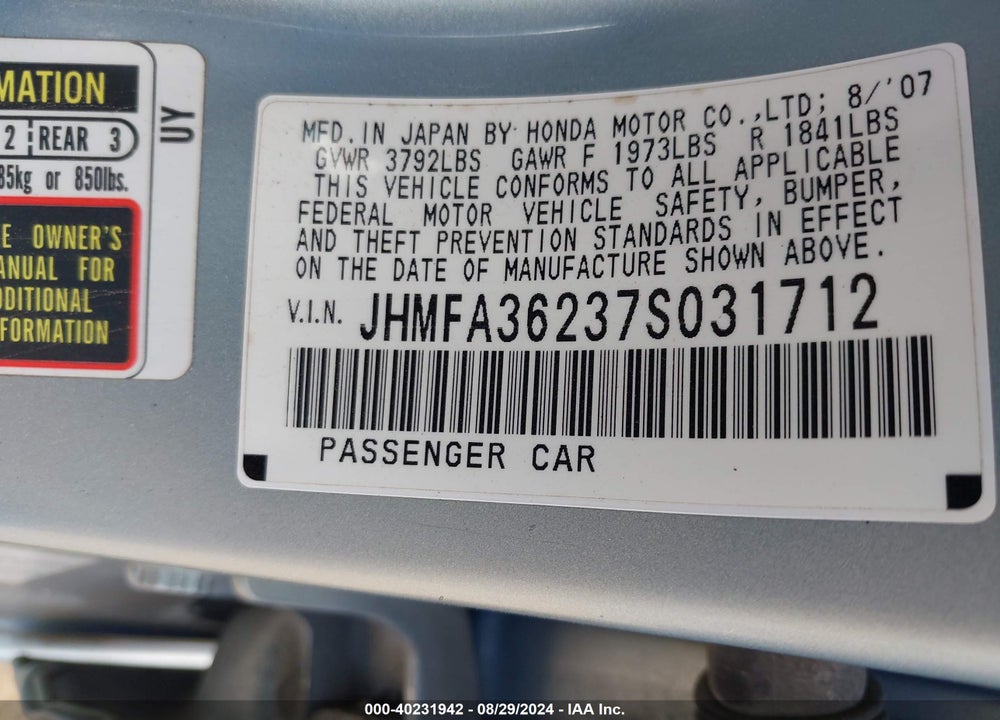 2007 HONDA CIVIC HYBRID VIN: JHMFA36237S031712