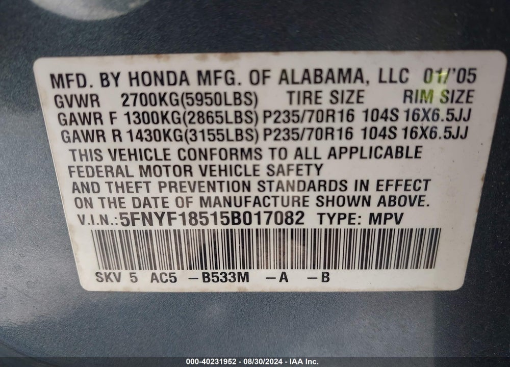 2005 HONDA PILOT EX-L VIN: 5FNYF18515B017082