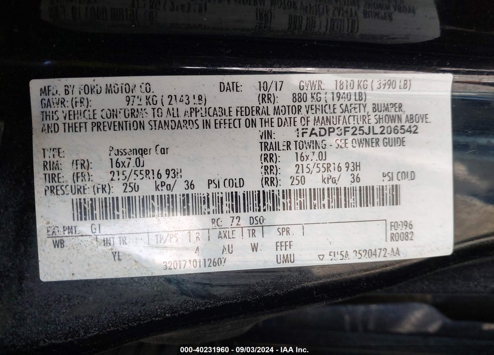 2018 FORD FOCUS SE VIN: 1FADP3F25JL206542