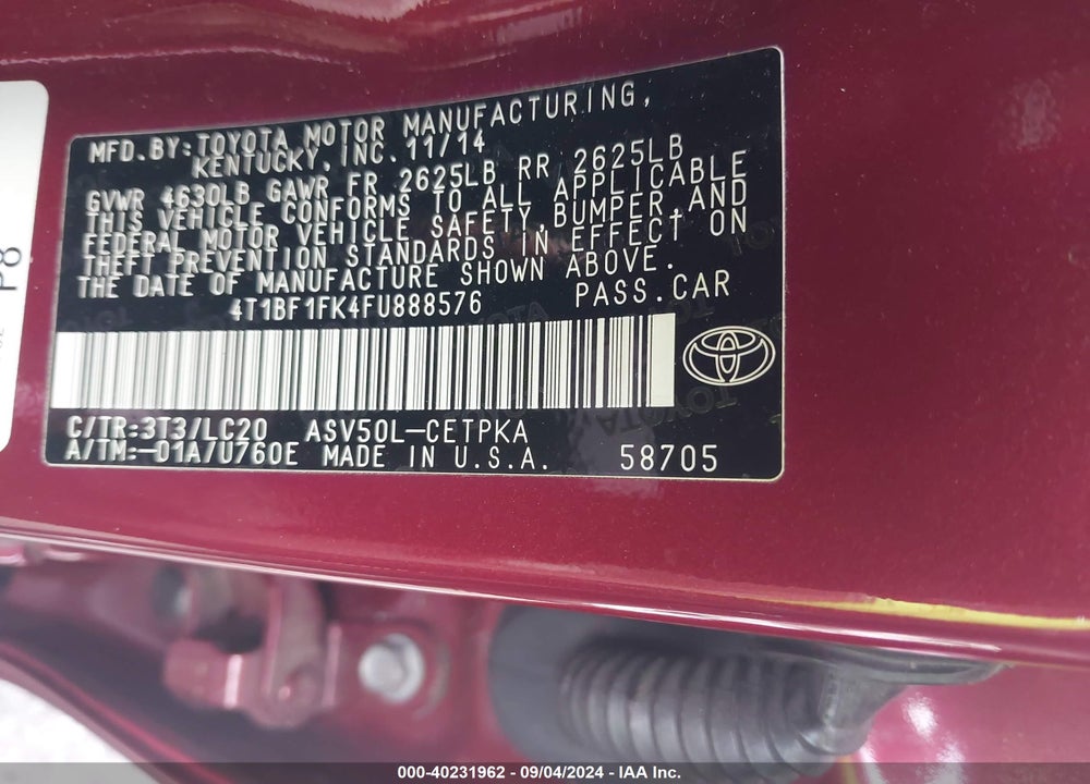 2015 TOYOTA CAMRY XSE VIN: 4T1BF1FK4FU888576