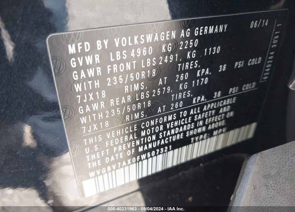 2015 VOLKSWAGEN TIGUAN SE VIN: WVGBV7AX0FW507321