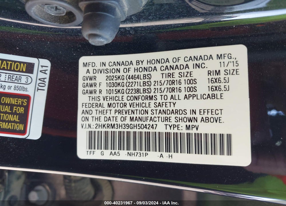 2016 HONDA CR-V LX VIN: 2HKRM3H39GH504247