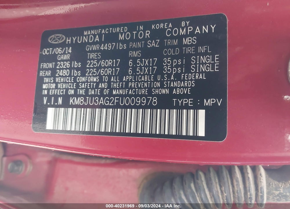 2015 HYUNDAI TUCSON SE VIN: KM8JU3AG2FU009978