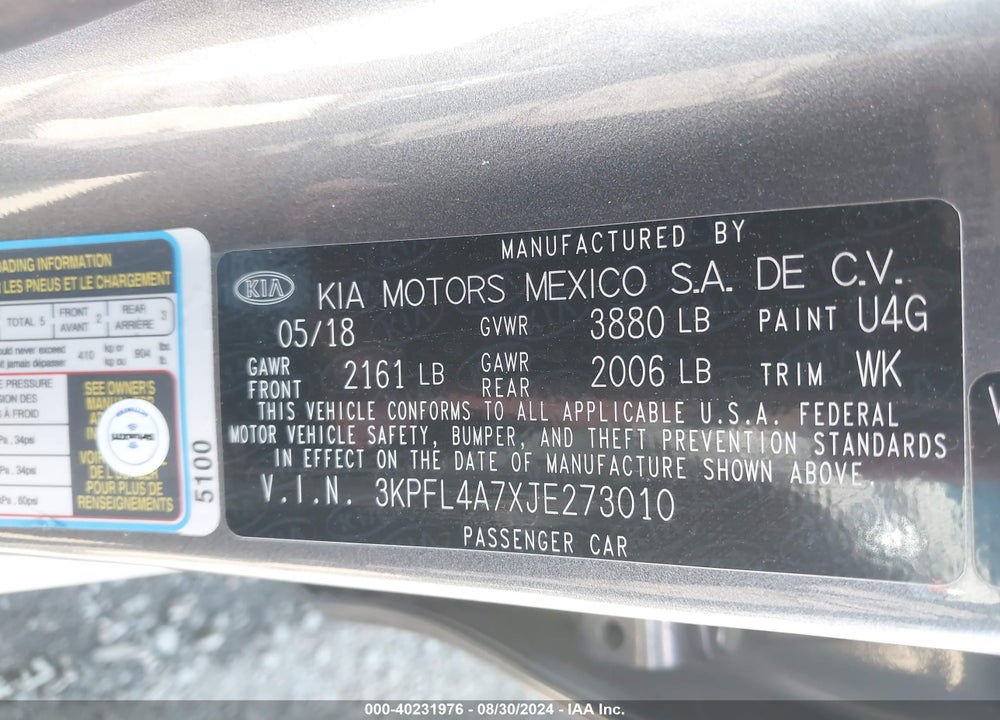 2018 KIA FORTE S VIN: 3KPFL4A7XJE273010