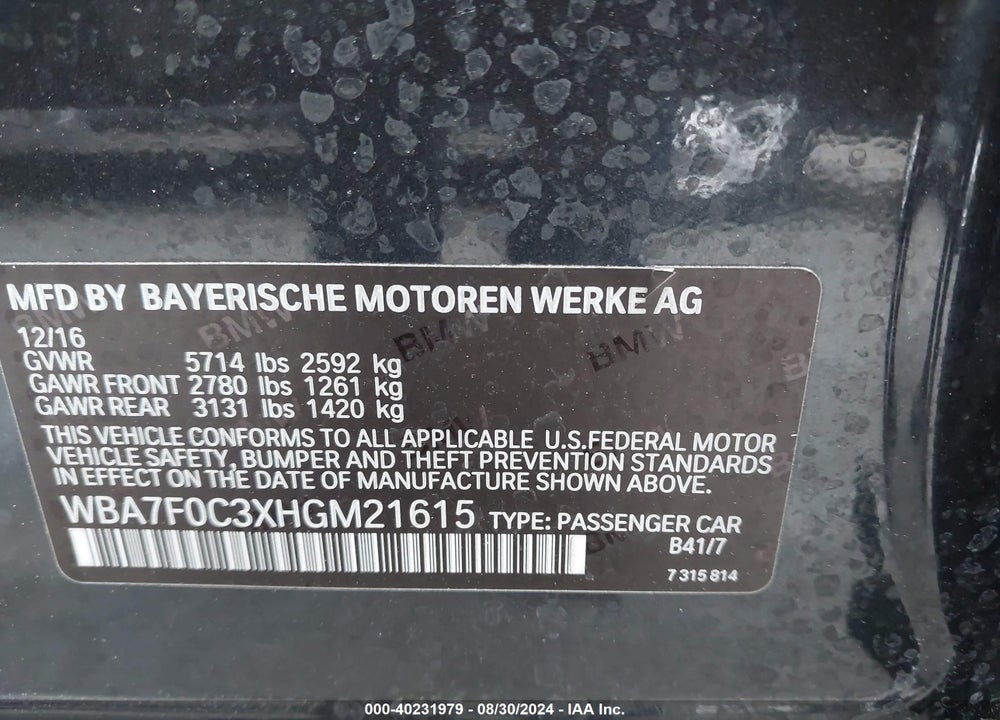 2017 BMW 750I VIN: WBA7F0C3XHGM21615