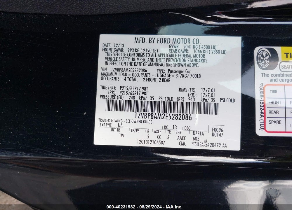2014 FORD MUSTANG V6 VIN: 1ZVBP8AM2E5282086
