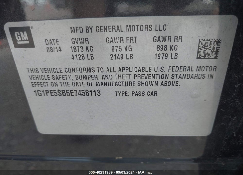 2014 CHEVROLET CRUZE 2LT AUTO VIN: 1G1PE5SB6E7458113