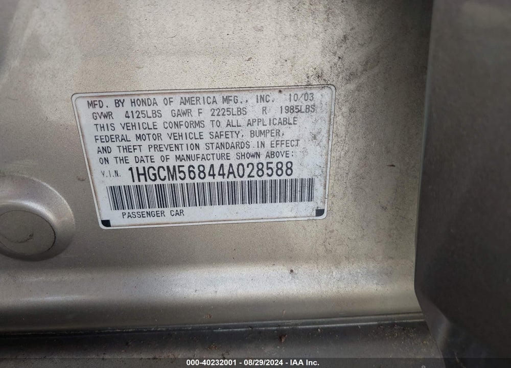 2004 HONDA ACCORD 2.4 EX VIN: 1HGCM56844A028588