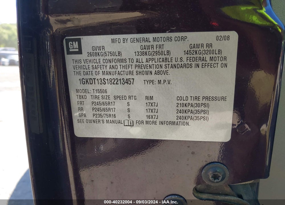 2008 GMC ENVOY SLE VIN: 1GKDT13S182213457