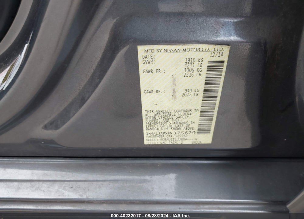 2015 NISSAN ALTIMA 2.5 S VIN: 1N4AL3APXFN375629