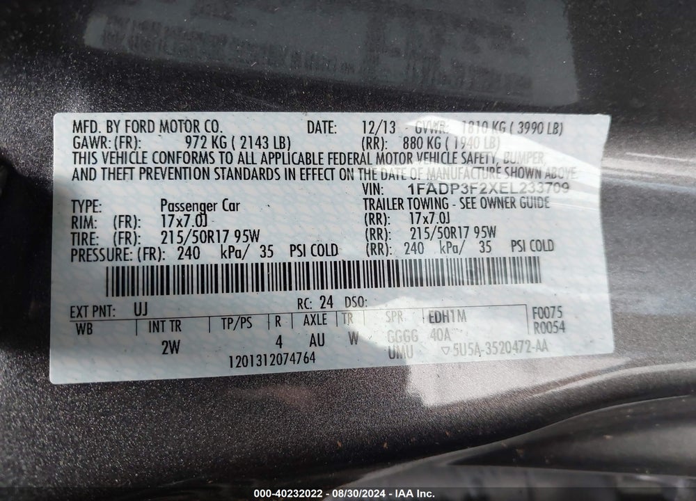 2014 FORD FOCUS SE VIN: 1FADP3F2XEL233709