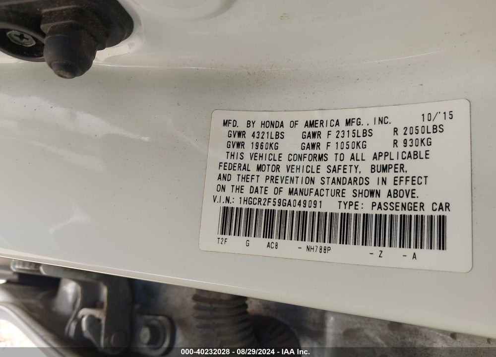 2016 HONDA ACCORD SPORT VIN: 1HGCR2F59GA049091