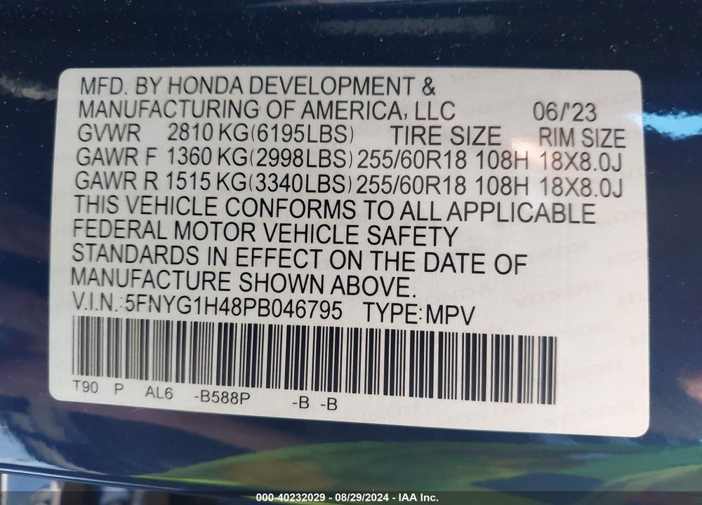 2023 HONDA PILOT AWD EX-L 8 PASSENGER VIN: 5FNYG1H48PB046795
