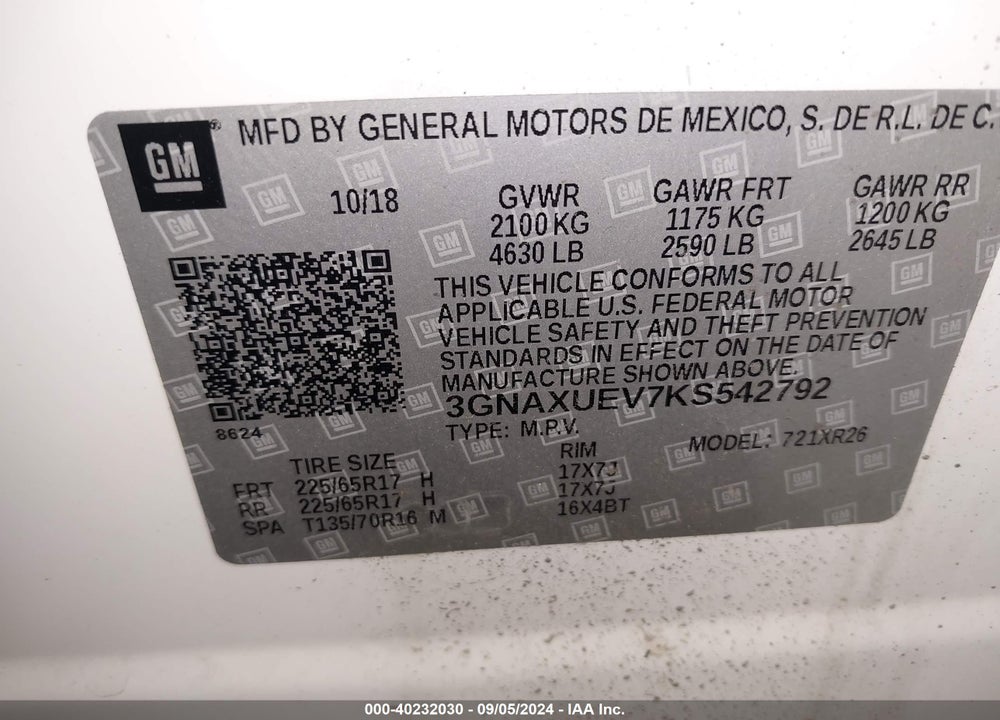 2019 CHEVROLET EQUINOX LT VIN: 3GNAXUEV7KS542792